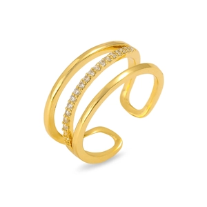 Detail of layered gold floral ring with micro-set zircons and adjustable band