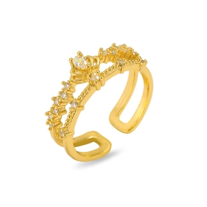 Detailed view of adjustable golden crown ring with teardrop gemstone and zircons