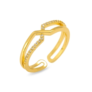 Detail of gold-plated double-layer wavy ring with micro-pave white cubic zirconia stones
