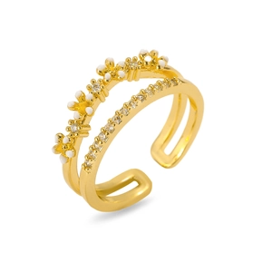 Detailed close-up of double-layer adjustable gold ring with white flowers and zircon
