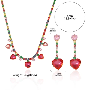 Colorful zircon heart pendant necklace and earrings jewelry set with size dimensions