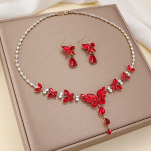 Collier Et Boucles Oreilles Papillon Pour Femmes Cristal Zircon Rouge Cuivre Plaqué Or Pendentif Gouttelette Mode