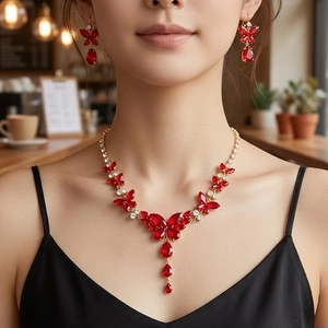 Parure élégante papillon rouge avec collier en zircon et boucles d'oreilles pompons