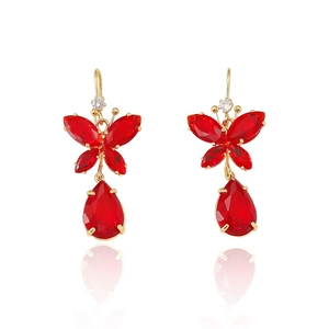Boucles d'oreilles papillon dorées avec pierres de zircone rouge et pendentifs en cristal