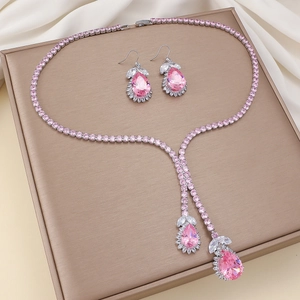 Pink Pear Cut Zircon Necklace Earrings Jewelry Titanium Steel Y-Shape Tassel Water Drop Clavicle Chain For Women