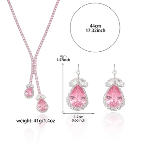 Pink teardrop zircon jewelry set with Y-shaped tennis necklace and drop earrings