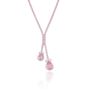 Elegant pink zircon teardrop Y-necklace set with shimmering tassels and silver finish