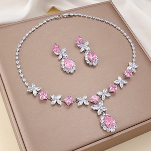 Parure Bijoux Papillon Rose Collier En Cuivre Et Boucles D oreilles Zircon Zircone Taille Poire Accessoire Mode Pour Femmes
