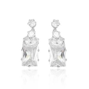 Elegant silver zircon drop earrings with large rectangular cut crystals on white background