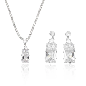 Elegant silver-tone jewelry set featuring emerald-cut zircon necklace and stud earrings