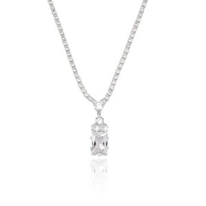 Elegant tennis necklace set with emerald-cut zirconia pendant on a white background