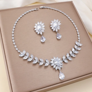 Schmuckset Mit Weizenähren Für Damen Elegante Braut Hochzeit Halskette Und Ohrringe Titanstahl Luxus Floral Wassertropfen Strass
