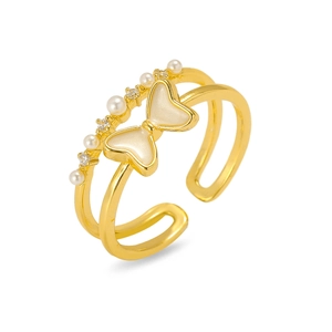 Goldener offener Ring im französischen Stil mit Schleife, Perlen und Kristalldetails