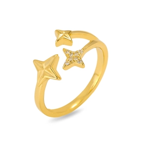 Verstellbarer goldener Sternenring für Damen mit polierten Sternen und Zirkonia-Inlay