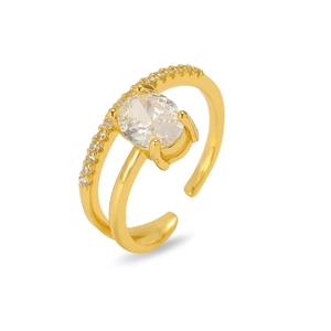 Détail de la bague ajustable dorée avec oxyde de zirconium ovale et double anneau