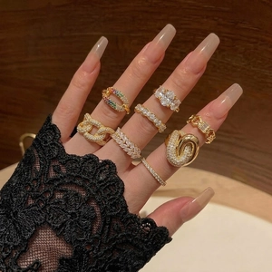 Fashionable Zircon Open Rings For Women Gold Plated Alloy Adjustable Colorful Crystal Chain Design Jewelry