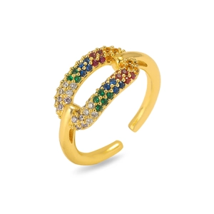 Detail of adjustable gold-plated chain ring with rows of colorful rainbow zircon stones