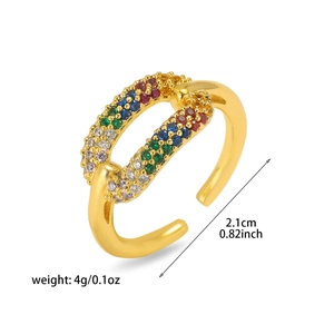 Minimalist gold chain link open ring with colorful zircon stones in a rainbow pattern