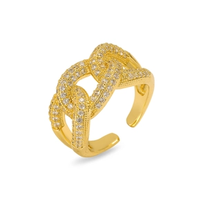 Minimalist gold chain ring with sparkling white cubic zirconia and adjustable open design