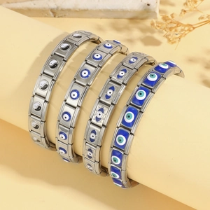 Italian modular charm bracelets with evil eye and yin yang enamel motifs in steel