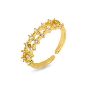 Detail of gold-plated open ring with double-row cubic zirconia inlay and polished finish