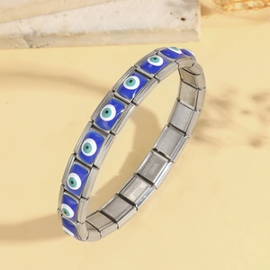 Italian charm bracelet with blue evil eye enamel links in polished stainless steel