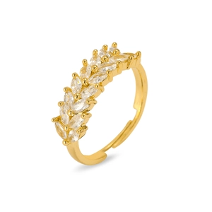 Close-up of adjustable golden ring with leaf-shaped marquise zircon stones