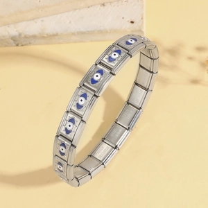 Stainless steel modular charm bracelet featuring blue and white evil eye pattern links