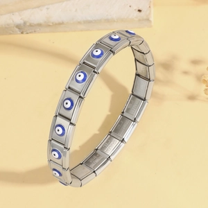 Italian charm bracelet with evil eye modules in polished stainless steel for women