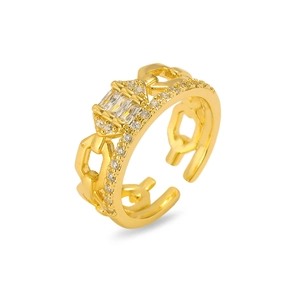 Detail view of gold adjustable ring with baguette and round zircons on Cuban link band