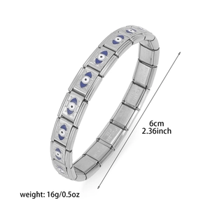 Stainless steel Italian charm bracelet with blue and white evil eye enamel links