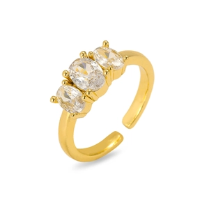 Adjustable gold plated chain ring with three oval cut cubic zirconia stones in 4-prong setting
