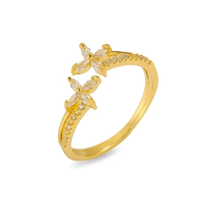 Elegante anello aperto dorato con fiori in zircone e delicati accenti micro-pavé
