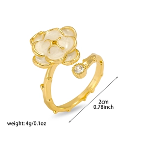 French style floral gold open ring with white enamel flower and sparkling zircon accent