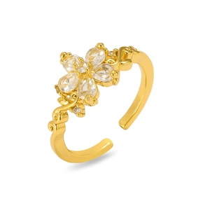 Detail of adjustable gold flower ring with five drop-shaped zircons and vine branch band
