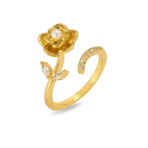 Elegant gold rose ring with white pearl and adjustable band on white background