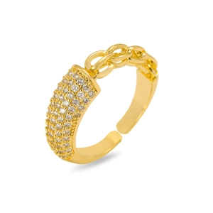 Detailed view of adjustable gold ring with four rows of sparkling white zircons