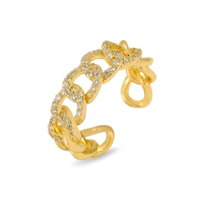 Detail of adjustable gold Cuban link ring with pavé-set cubic zirconia accents