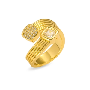 Detail of gold wrap ring featuring multi-row band and square pave zircon settings