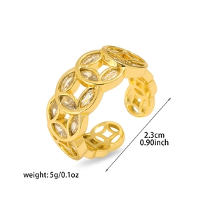 Adjustable gold-plated open ring with marquise-cut zircons and interlocking coin design