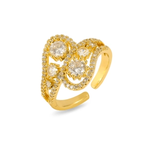 Adjustable gold plated ring with sparkling cubic zirconia floral cluster design