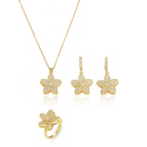 Set in acciaio al titanio dorato con ciondolo a fiore rotante in zircone collana e anello