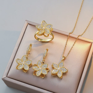 Gioielli Fiore Rotante Acciaio Inossidabile Rame Zircone Perla Artificial Imitazione Collana Orecchini Anello Elegante Lusso Donne