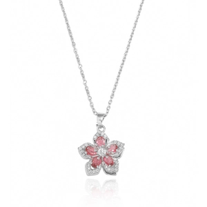 Close-up of rotatable flower necklace with pink zircon petals and silver chain