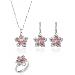 Pink zircon flower jewelry set including rotating necklace earrings and ring for women