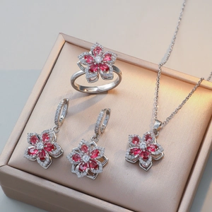 Luxury Rotating Zirconia Flower Jewelry Set Stainless Steel Chain Red Waterdrop Gemstone Necklace Earrings Ring For Women