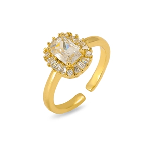 Bague ouverte dorée ajustable avec amas de zircons rectangulaires et sertissage halo