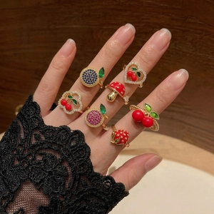 Adjustable Rings Gold Plated Alloy Zircon Enamel Fruit Mushroom Cherry Shape French Cute Niche Jewelry For Women