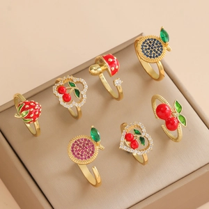 Adjustable French cherry and strawberry gold rings set with colorful enamel and cubic zirconia