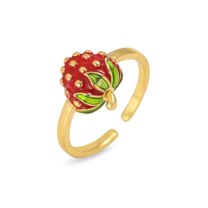 Detail of red strawberry enamel adjustable ring with golden finish and green leaf accent